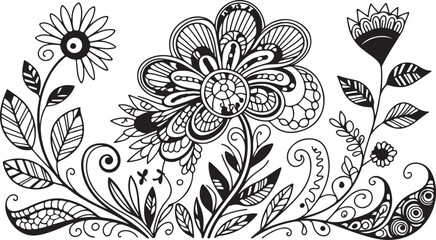 Fototapeta premium Intricate hand-drawn floral illustration with whimsical flowers, leaves, and decorative swirls in black and white