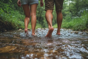 Fototapeta premium Couple crossing a stream barefoot, enjoying a peaceful moment together while experiencing nature and the outdoors, Generative AI