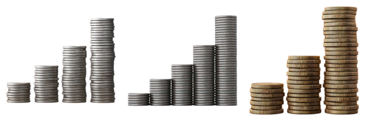 Stacked coin tower, rising metal and bronze coins symbolizing economic growth and financial success