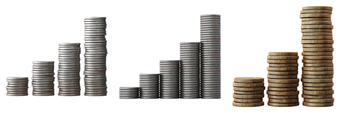 Stacked coin tower, rising metal and bronze coins symbolizing economic growth and financial success