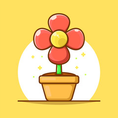Beautifull Flower In Pot Flat Icon, Cartoon, and Illustration Vector