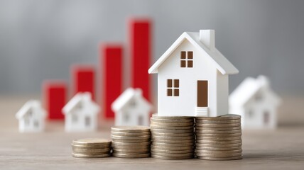 Real estate competition. Model house on coins with rising bar chart, symbolizing real estate investment growth.