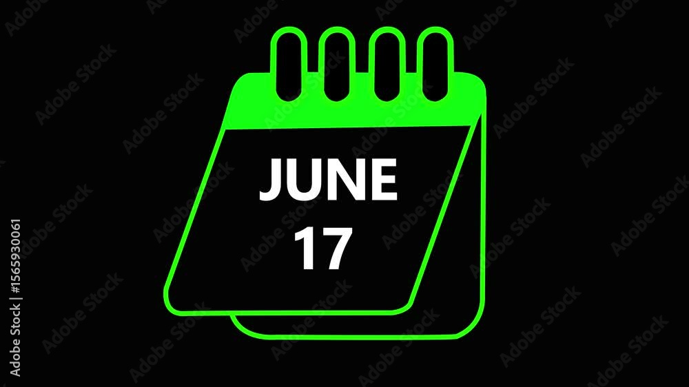 Poster june 17 daily calendar icon animation on transparent background. calendar with the date june 17 on a