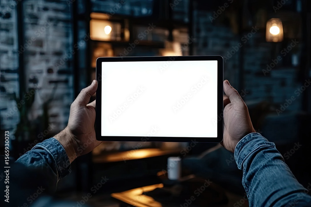 Poster sharp image of man using a digital assistant on his tablet