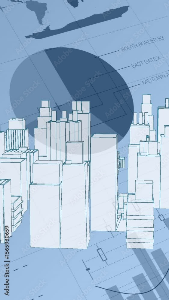 Poster virtual buildings in a city with background of different statistics and graphs