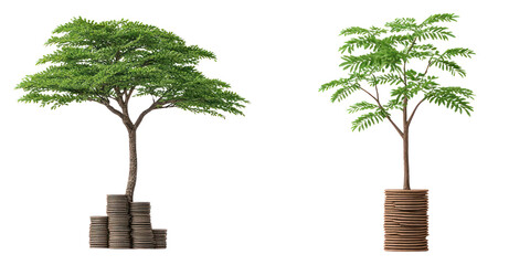 Growing tree with green leaves on stacked coins symbolizing financial growth and investment success