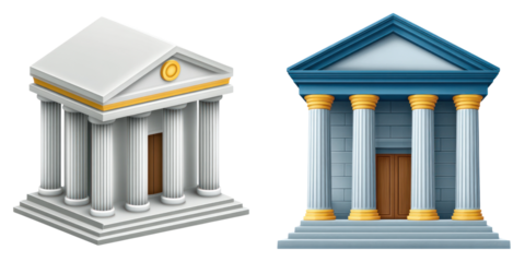 Classical bank building icon with columns and pediment, symbolizing finance and stability in trading hub