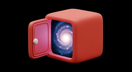 A red cube with an open door revealing a vibrant, swirling galaxy inside, set against a dark background.