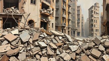Destroyed city buildings. Focus on debris and damage.