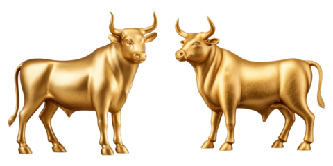 Golden bull statue symbol of rising market and finance, two shiny metallic bulls facing each other with confident stance