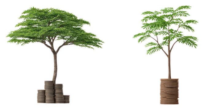 Growing tree with green leaves on stacked coins symbolizing financial growth and investment success