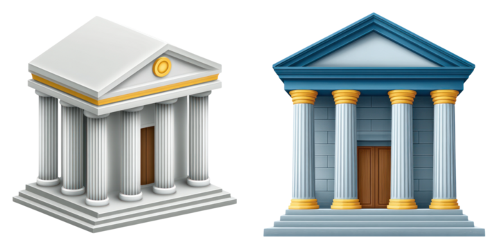 Classical bank building icon with columns and pediment, symbolizing finance and stability in trading hub