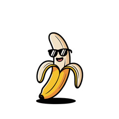 Cool Banana Cartoon Character with Sunglasses, Funny cartoon illustration of a peeled banana wearing sunglasses and smiling, creating a playful and cheerful food mascot design.

