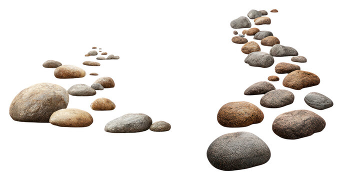 Smooth natural stone pathway with various sizes and colors of rocks arranged in two lines
