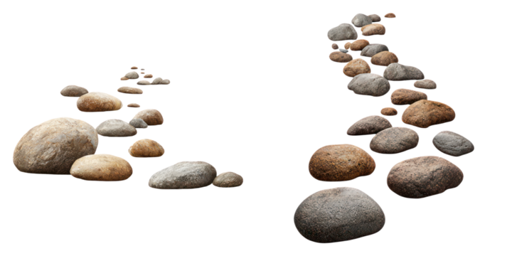 Smooth natural stone pathway with various sizes and colors of rocks arranged in two lines