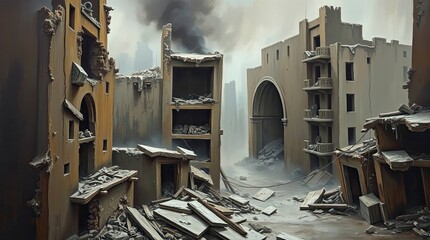 Ruined city buildings, classic style. Focus on detailed textures and emphasize damage.