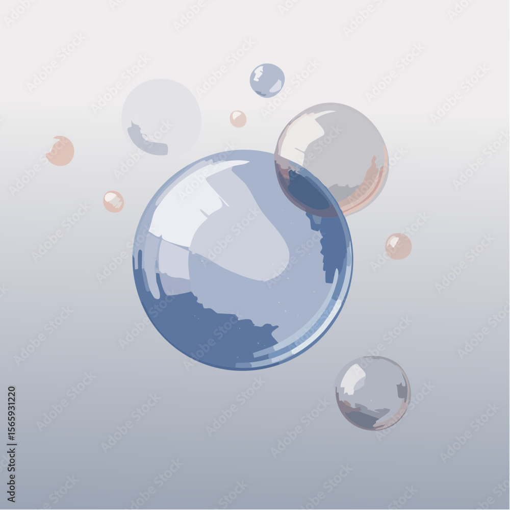 Aufkleber a futuristic vector with floating bubbles and translucent spheres in lavender, sky blue, and silver.