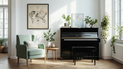 Cozy room with piano, armchair, plants, map art, warm light, and hardwood floor