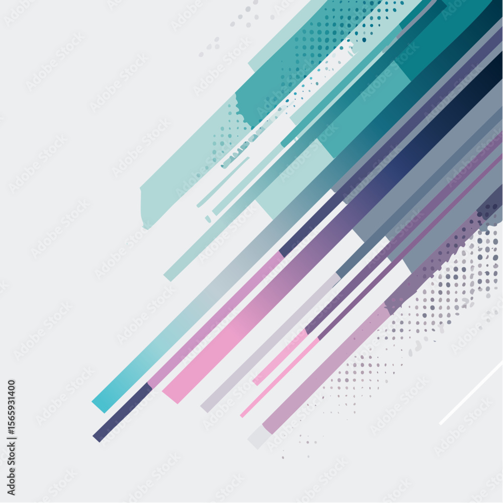 Poster a bold vector with dynamic diagonal strokes and scattered dots in cyan, magenta, and charcoal. high 