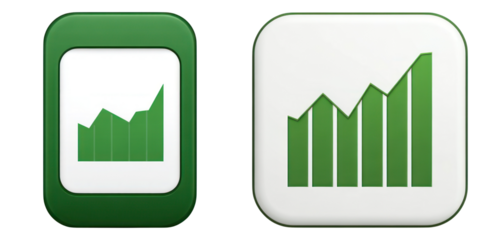 Stock market graph icon with green bars showing growth and financial progress on white and green rounded square backgrounds