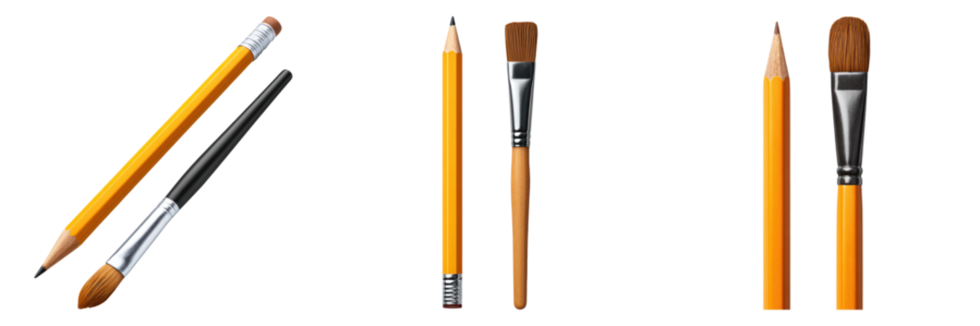 Pencil and paintbrush tools symbolize creativity and logic with wooden handles and metal ferrules in clean layout