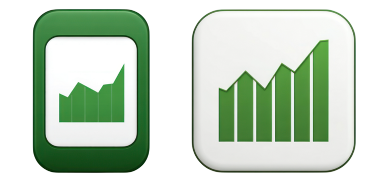 Stock market graph icon with green bars showing growth and financial progress on white and green rounded square backgrounds