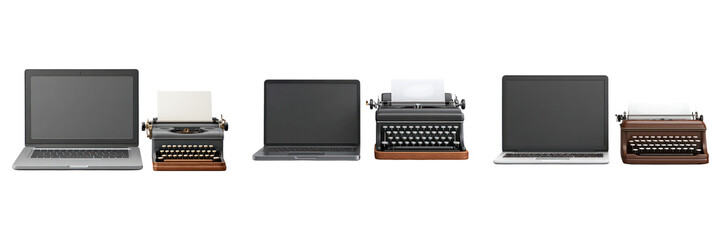 Modern laptop and vintage typewriter side by side showing contrast between old and new technology in clean layout