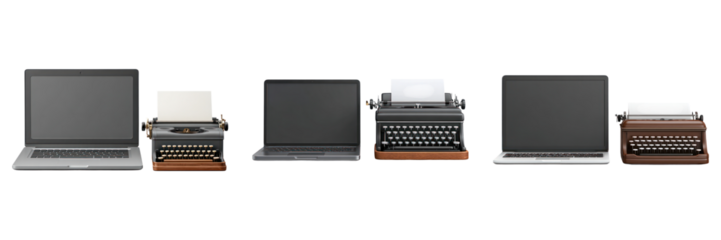 Modern laptop and vintage typewriter side by side showing contrast between old and new technology in clean layout