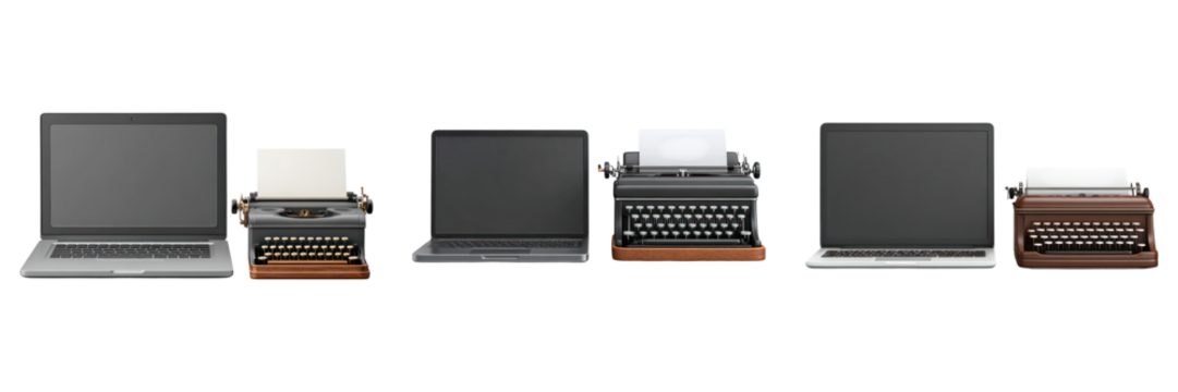 Modern laptop and vintage typewriter side by side showing contrast between old and new technology in clean layout