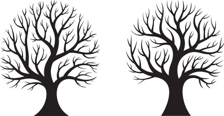 Obraz premium Collection of eight black and white leafless tree silhouettes with distinct shapes, gnarled branches, and varied structures for a stark and minimalist depiction of barren trees.
