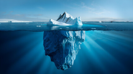 An iceberg split above and below calm water, showing icy depth.
