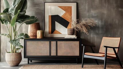 Interior scene sideboard, art, plant, chair, vases against a textured gray wall