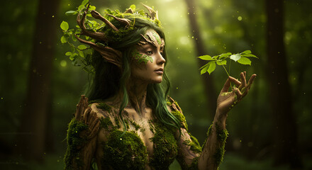 Mystical forest queen gazing into distance with glowing leaves in her hair and sunlight rays