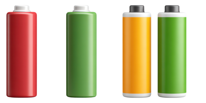Battery pack with red, green, and orange colors showing energy levels and power capacity in clean design
