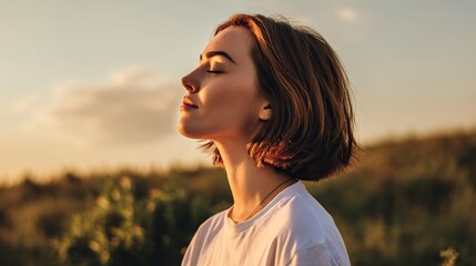 Woman with short brown hair, white t-shirt, closed eyes, stands front of sunset, smiling at camera in half-body shot; commercial advertisement or video still style.