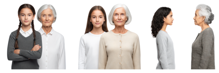 Young girl and elderly woman standing together showing generational difference and family connection with calm expressions