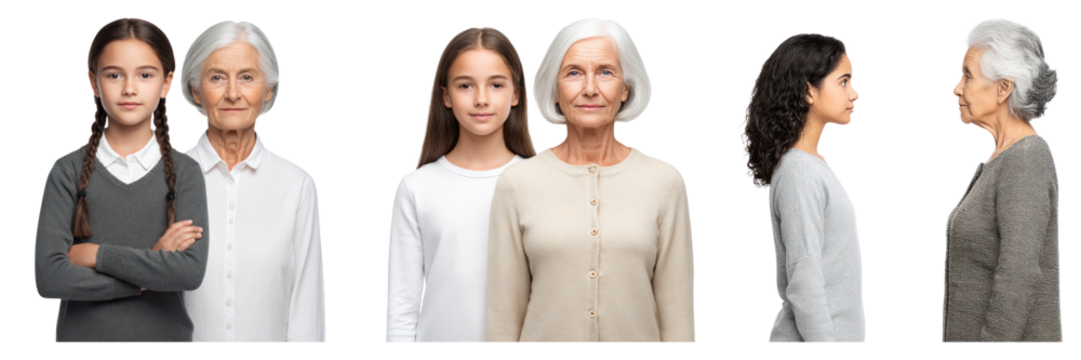 Young girl and elderly woman standing together showing generational difference and family connection with calm expressions