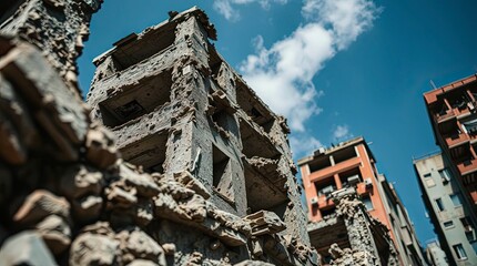 Extreme macro close-up of the details of a destroyed city building