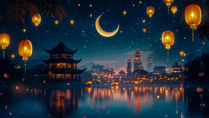 Lanterns floating beautifully in the night sky, a picturesque view of the crescent moon floating, the beautiful reflection of traditional architecture on the calm waters,