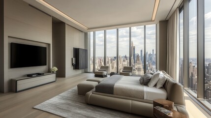 Sleek bedroom with panoramic cityscape view, modern design, and neutral color palette