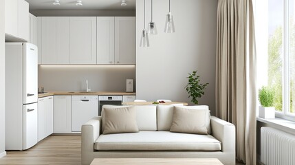 Bright, cozy apartment with minimalist white kitchen merging into a living area