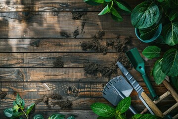 Sharp Picture of Flat Lay Gardening Tools on Wooden Background with Copy Space