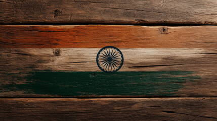 Indian Flag on Wooden Texture: The Indian flag is elegantly painted on weathered wooden planks, showcasing the saffron, white, and green stripes, with the Ashoka Chakra in the center.