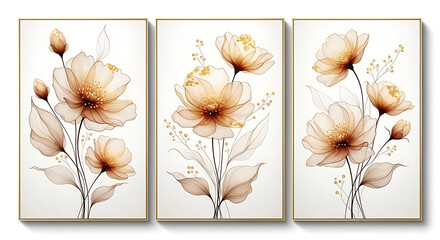 Elegant watercolor floral triptych art featuring translucent flowers in warm earthy tones