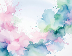 ウォーターカラー水彩画風のピンクと緑の滲んだ背景　淡い色と紙に広がる絵の具・インクの滲み　やさしい背景壁紙テクスチャー
