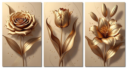 Elegant golden floral triptych featuring a rose a tulip and a lily on a cream background