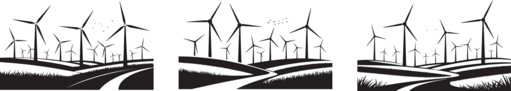 Collection set of Wind Turbine Farm Silhouette Landscape with Rolling Hills and Renewable Energy vector silhouette