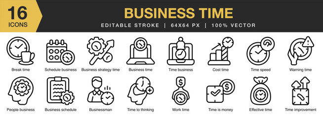 Business Time icon set. Editable Stroke Icon Collection. Includes time, clock, business, deadline, work, and More. Outline icons vector collection.