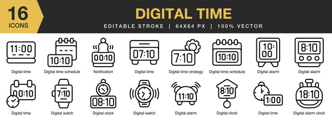 Digital Time icon set. Editable Stroke Icon Collection. Includes time, minute, clock, timer, digital, watch, hour, and More. Outline icons vector collection.