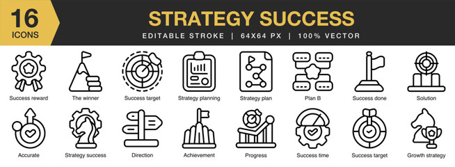 Strategy Success icon set. Editable Stroke Icon Collection. Includes strategy, success, planning, goal, achievement, and More. Outline icons vector collection.